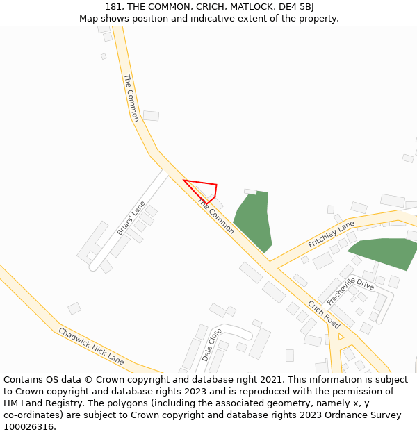 181, THE COMMON, CRICH, MATLOCK, DE4 5BJ: Location map and indicative extent of plot