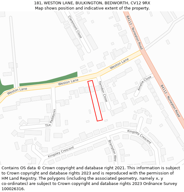 181, WESTON LANE, BULKINGTON, BEDWORTH, CV12 9RX: Location map and indicative extent of plot