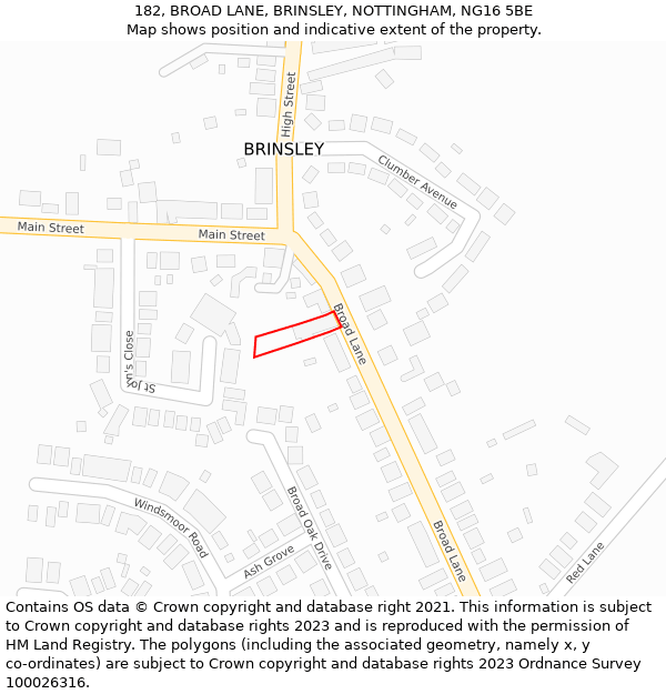 182, BROAD LANE, BRINSLEY, NOTTINGHAM, NG16 5BE: Location map and indicative extent of plot