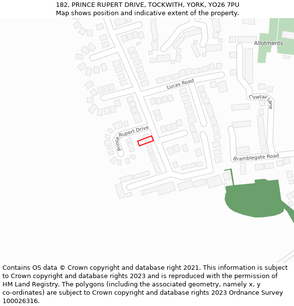 182, PRINCE RUPERT DRIVE, TOCKWITH, YORK, YO26 7PU: Location map and indicative extent of plot