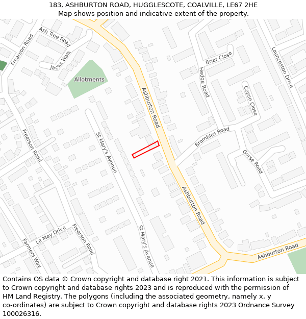 183, ASHBURTON ROAD, HUGGLESCOTE, COALVILLE, LE67 2HE: Location map and indicative extent of plot