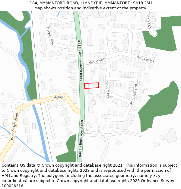 184, AMMANFORD ROAD, LLANDYBIE, AMMANFORD, SA18 2SU: Location map and indicative extent of plot