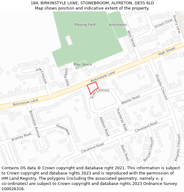 184, BIRKINSTYLE LANE, STONEBROOM, ALFRETON, DE55 6LD: Location map and indicative extent of plot