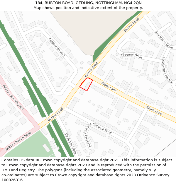 184, BURTON ROAD, GEDLING, NOTTINGHAM, NG4 2QN: Location map and indicative extent of plot