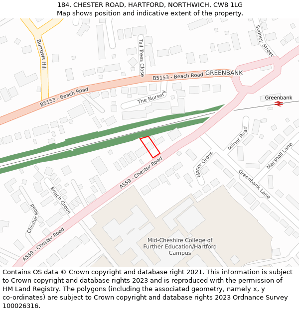 184, CHESTER ROAD, HARTFORD, NORTHWICH, CW8 1LG: Location map and indicative extent of plot