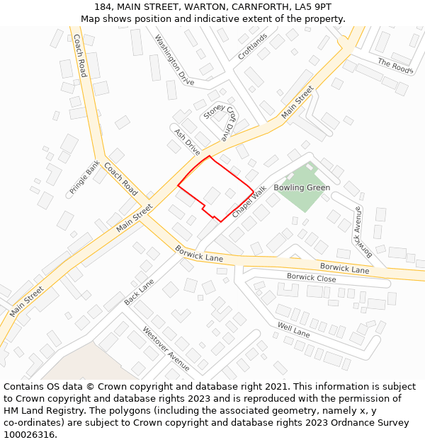 184, MAIN STREET, WARTON, CARNFORTH, LA5 9PT: Location map and indicative extent of plot