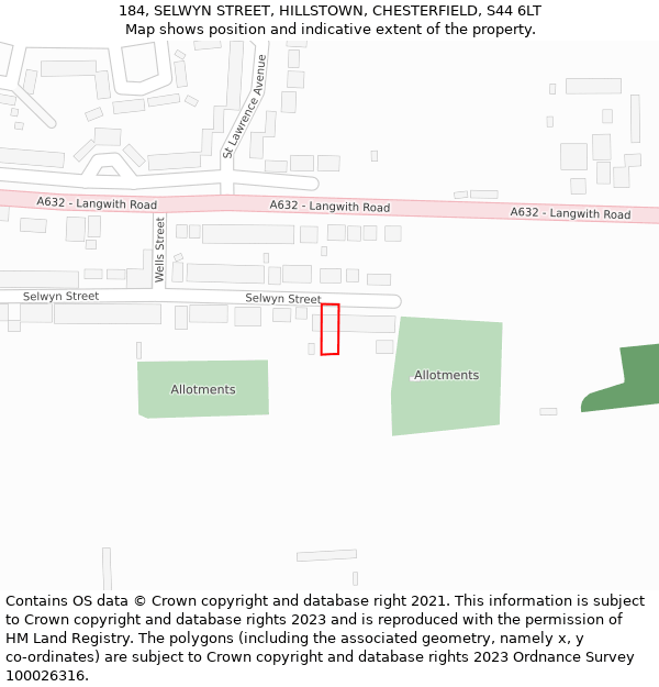 184, SELWYN STREET, HILLSTOWN, CHESTERFIELD, S44 6LT: Location map and indicative extent of plot