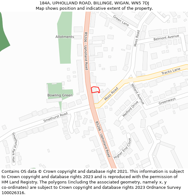 184A, UPHOLLAND ROAD, BILLINGE, WIGAN, WN5 7DJ: Location map and indicative extent of plot