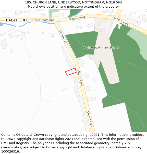 185, CHURCH LANE, UNDERWOOD, NOTTINGHAM, NG16 5HE: Location map and indicative extent of plot