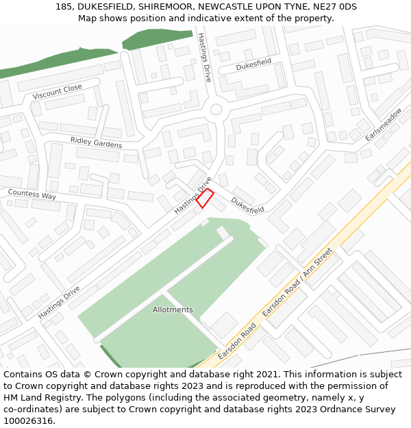 185, DUKESFIELD, SHIREMOOR, NEWCASTLE UPON TYNE, NE27 0DS: Location map and indicative extent of plot