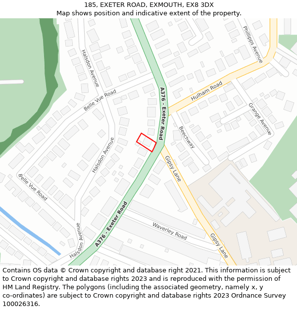 185, EXETER ROAD, EXMOUTH, EX8 3DX: Location map and indicative extent of plot