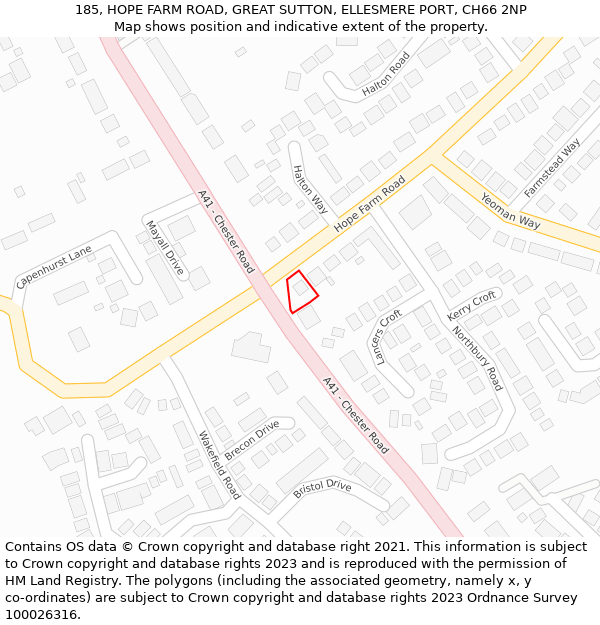 185, HOPE FARM ROAD, GREAT SUTTON, ELLESMERE PORT, CH66 2NP: Location map and indicative extent of plot