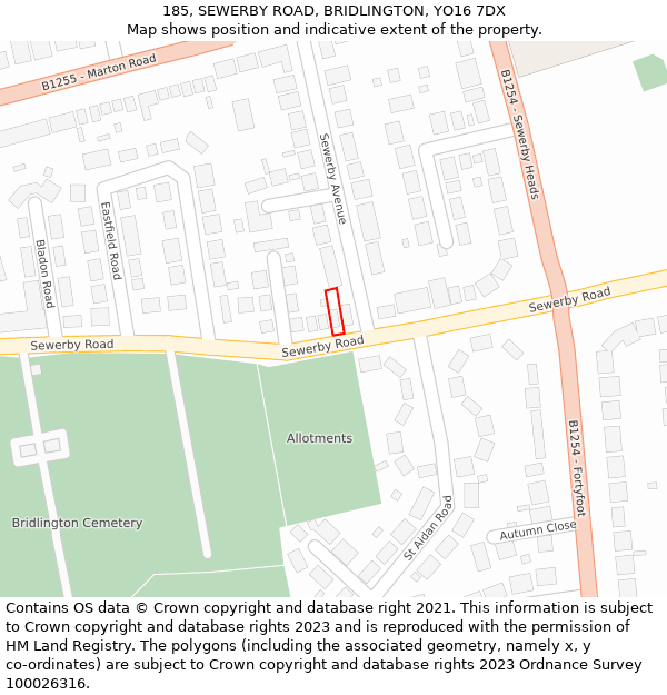 185, SEWERBY ROAD, BRIDLINGTON, YO16 7DX: Location map and indicative extent of plot