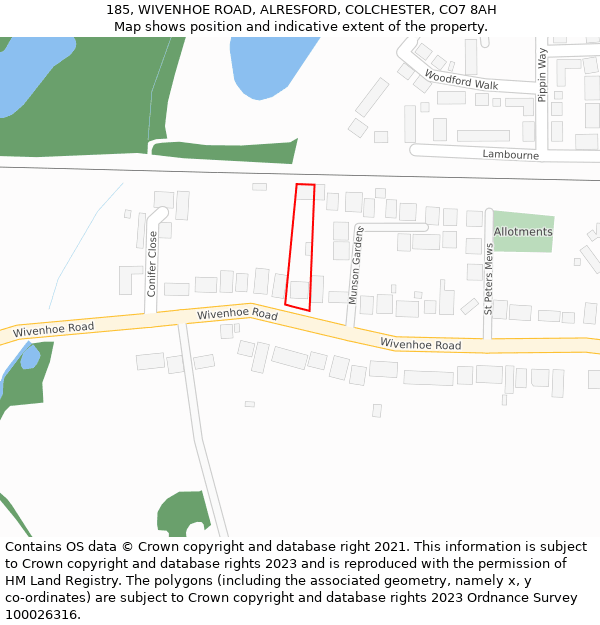 185, WIVENHOE ROAD, ALRESFORD, COLCHESTER, CO7 8AH: Location map and indicative extent of plot