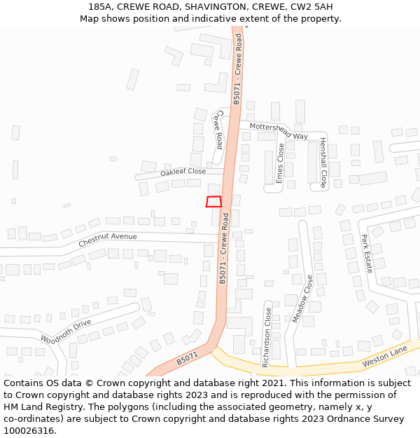 185A, CREWE ROAD, SHAVINGTON, CREWE, CW2 5AH: Location map and indicative extent of plot