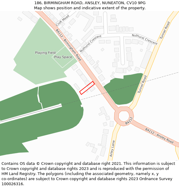 186, BIRMINGHAM ROAD, ANSLEY, NUNEATON, CV10 9PG: Location map and indicative extent of plot