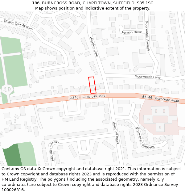 186, BURNCROSS ROAD, CHAPELTOWN, SHEFFIELD, S35 1SG: Location map and indicative extent of plot