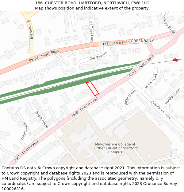 186, CHESTER ROAD, HARTFORD, NORTHWICH, CW8 1LG: Location map and indicative extent of plot