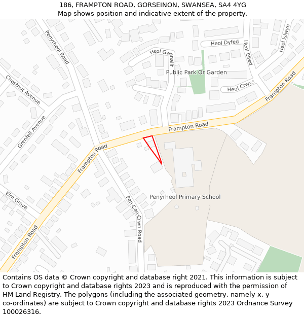 186, FRAMPTON ROAD, GORSEINON, SWANSEA, SA4 4YG: Location map and indicative extent of plot
