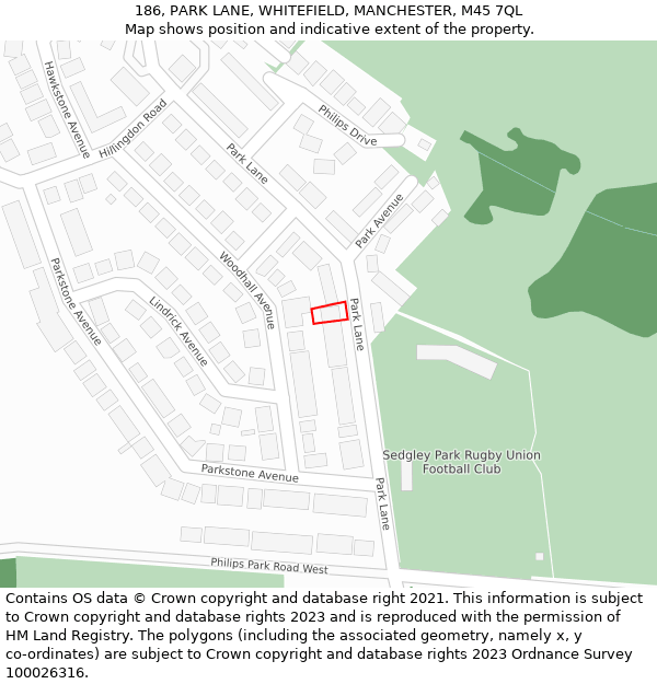186, PARK LANE, WHITEFIELD, MANCHESTER, M45 7QL: Location map and indicative extent of plot