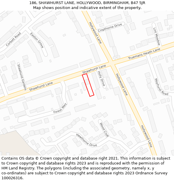 186, SHAWHURST LANE, HOLLYWOOD, BIRMINGHAM, B47 5JR: Location map and indicative extent of plot