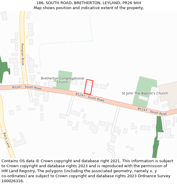 186, SOUTH ROAD, BRETHERTON, LEYLAND, PR26 9AH: Location map and indicative extent of plot