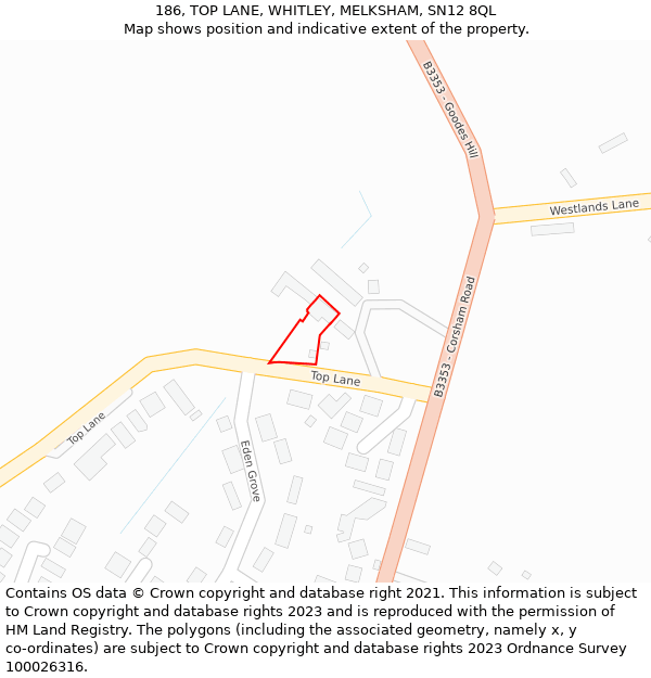 186, TOP LANE, WHITLEY, MELKSHAM, SN12 8QL: Location map and indicative extent of plot