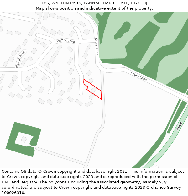 186, WALTON PARK, PANNAL, HARROGATE, HG3 1RJ: Location map and indicative extent of plot