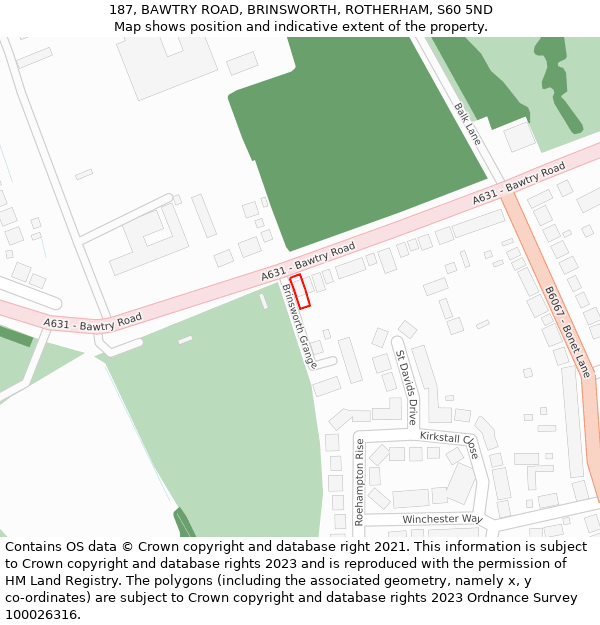 187, BAWTRY ROAD, BRINSWORTH, ROTHERHAM, S60 5ND: Location map and indicative extent of plot