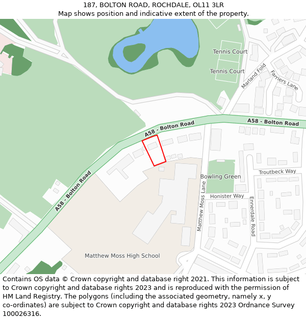 187, BOLTON ROAD, ROCHDALE, OL11 3LR: Location map and indicative extent of plot