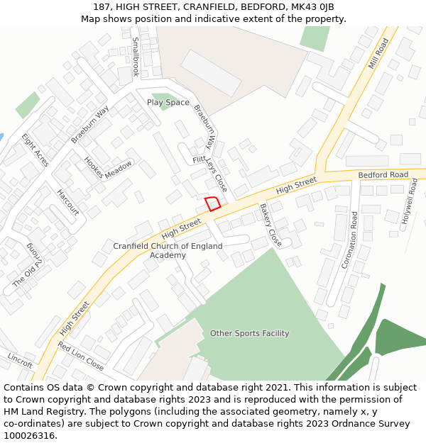 187, HIGH STREET, CRANFIELD, BEDFORD, MK43 0JB: Location map and indicative extent of plot