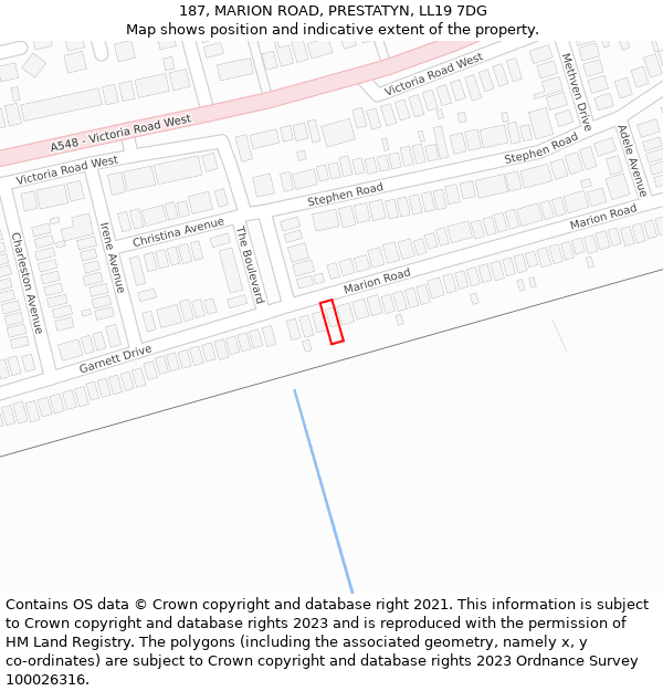 187, MARION ROAD, PRESTATYN, LL19 7DG: Location map and indicative extent of plot