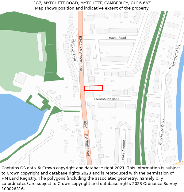 187, MYTCHETT ROAD, MYTCHETT, CAMBERLEY, GU16 6AZ: Location map and indicative extent of plot