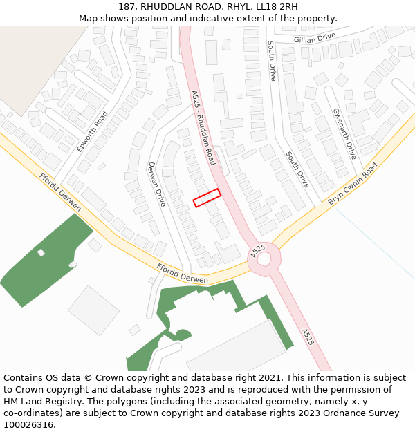 187, RHUDDLAN ROAD, RHYL, LL18 2RH: Location map and indicative extent of plot