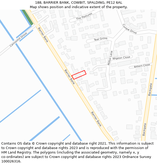188, BARRIER BANK, COWBIT, SPALDING, PE12 6AL: Location map and indicative extent of plot