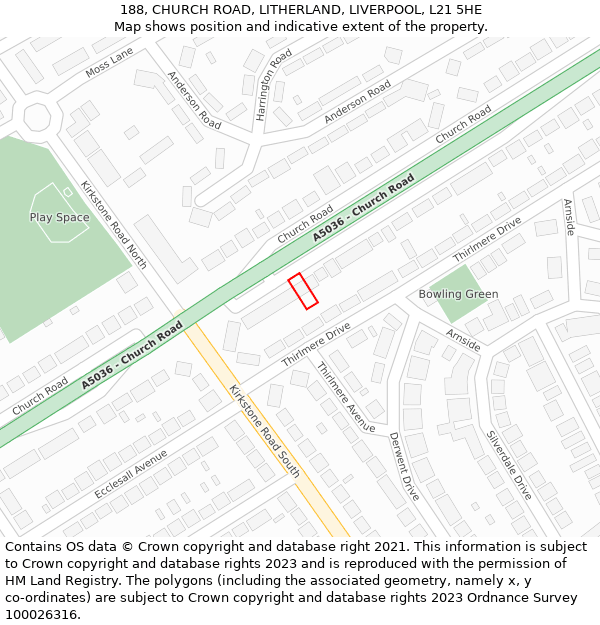 188, CHURCH ROAD, LITHERLAND, LIVERPOOL, L21 5HE: Location map and indicative extent of plot