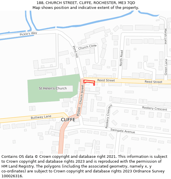 188, CHURCH STREET, CLIFFE, ROCHESTER, ME3 7QD: Location map and indicative extent of plot