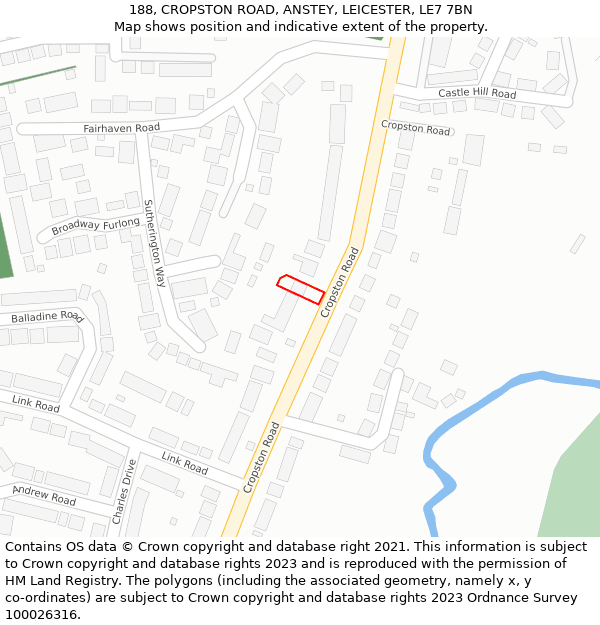 188, CROPSTON ROAD, ANSTEY, LEICESTER, LE7 7BN: Location map and indicative extent of plot