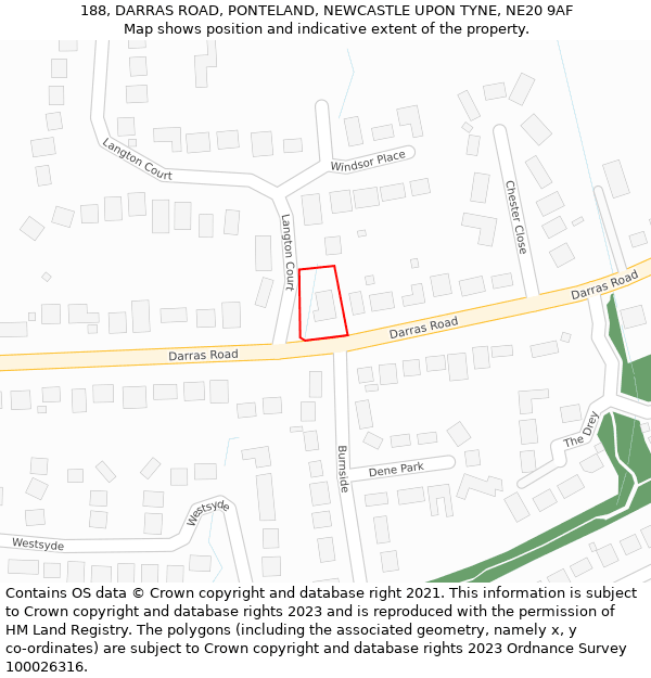 188, DARRAS ROAD, PONTELAND, NEWCASTLE UPON TYNE, NE20 9AF: Location map and indicative extent of plot