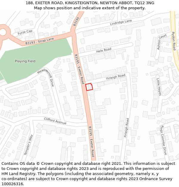 188, EXETER ROAD, KINGSTEIGNTON, NEWTON ABBOT, TQ12 3NG: Location map and indicative extent of plot