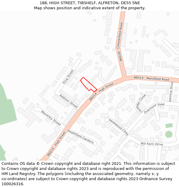 188, HIGH STREET, TIBSHELF, ALFRETON, DE55 5NE: Location map and indicative extent of plot