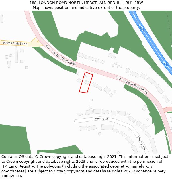 188, LONDON ROAD NORTH, MERSTHAM, REDHILL, RH1 3BW: Location map and indicative extent of plot