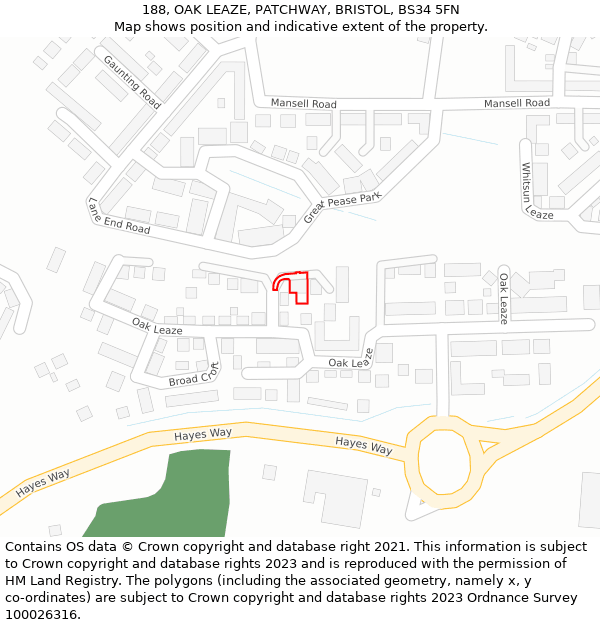 188, OAK LEAZE, PATCHWAY, BRISTOL, BS34 5FN: Location map and indicative extent of plot