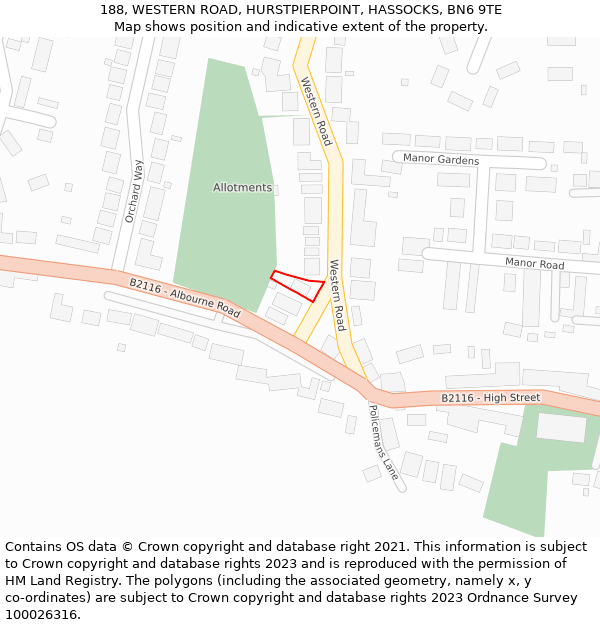 188, WESTERN ROAD, HURSTPIERPOINT, HASSOCKS, BN6 9TE: Location map and indicative extent of plot