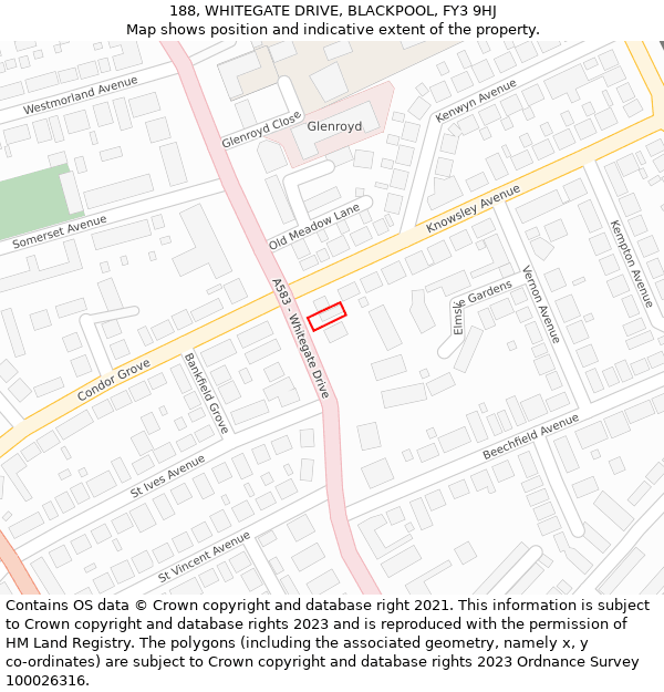 188, WHITEGATE DRIVE, BLACKPOOL, FY3 9HJ: Location map and indicative extent of plot