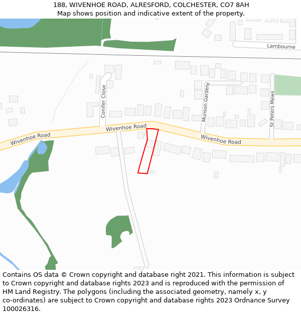 188, WIVENHOE ROAD, ALRESFORD, COLCHESTER, CO7 8AH: Location map and indicative extent of plot