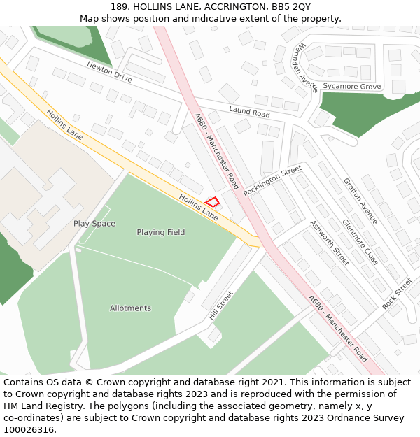 189, HOLLINS LANE, ACCRINGTON, BB5 2QY: Location map and indicative extent of plot