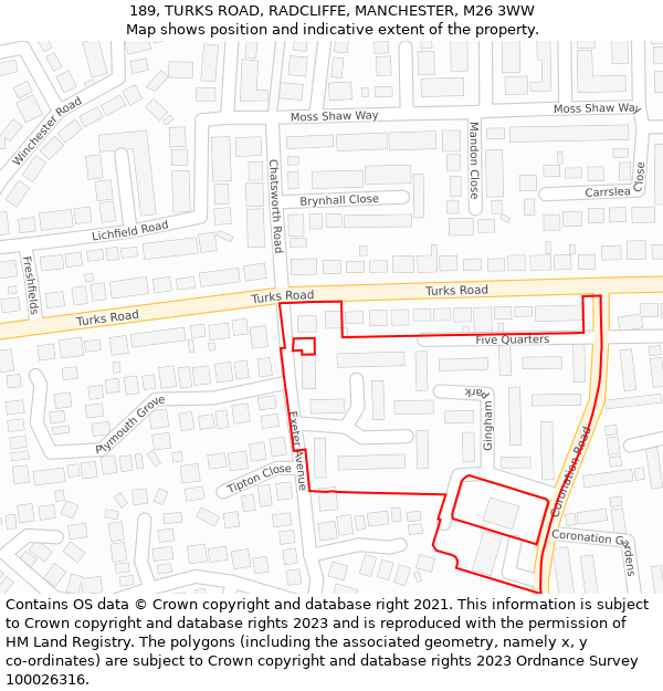 189, TURKS ROAD, RADCLIFFE, MANCHESTER, M26 3WW: Location map and indicative extent of plot