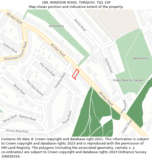 189, WINDSOR ROAD, TORQUAY, TQ1 1SP: Location map and indicative extent of plot