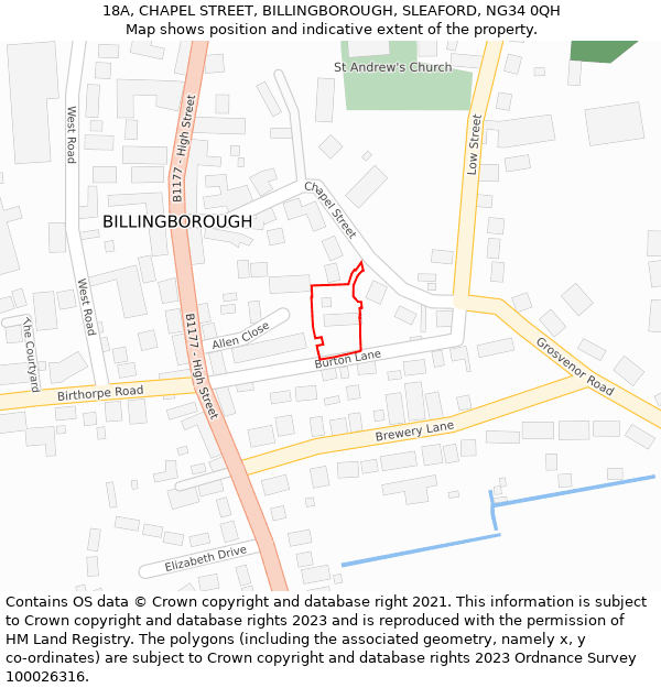 18A, CHAPEL STREET, BILLINGBOROUGH, SLEAFORD, NG34 0QH: Location map and indicative extent of plot